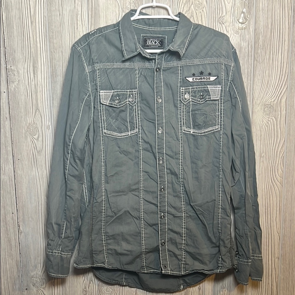 Buckle Black Athletic Fit Mens L Shirt Green Courage Top Stitching button